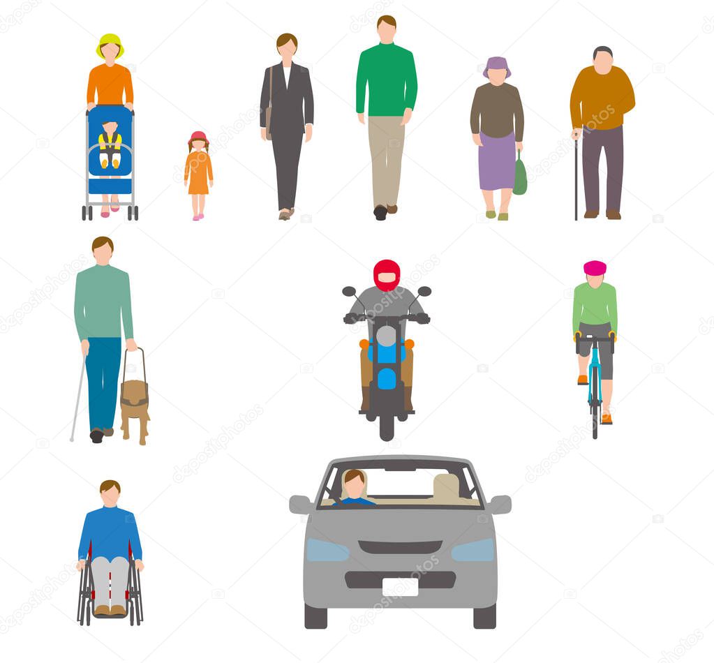 People, bicycles, automobiles. Illustration viewed from front