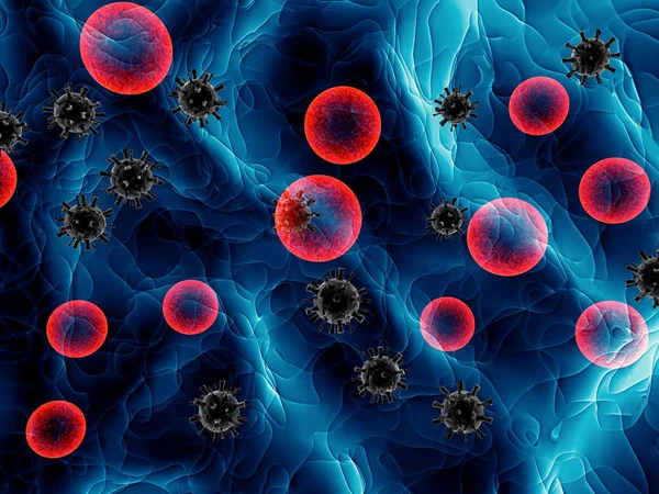 Red Cells Black Coronaviruses Floating Tougether — Stock Photo, Image