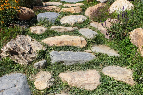 Rock geplaveid en bloemen pad — Stockfoto