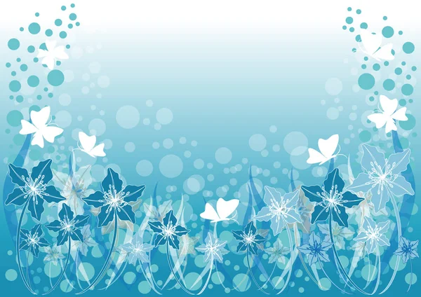 Blauer Hintergrund mit Blumen und Schmetterlingen — Stockvektor