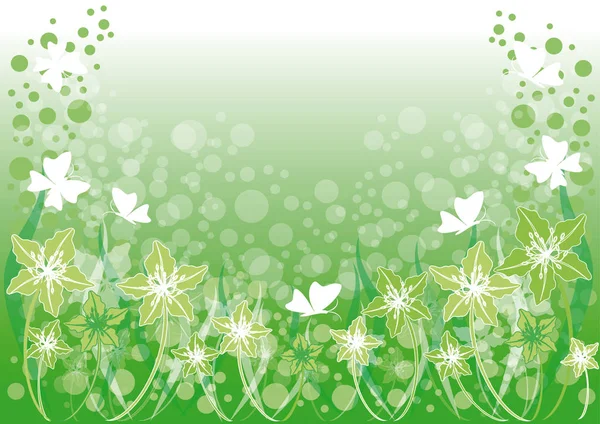 Grüner Hintergrund mit Blumen und Schmetterlingen — Stockvektor