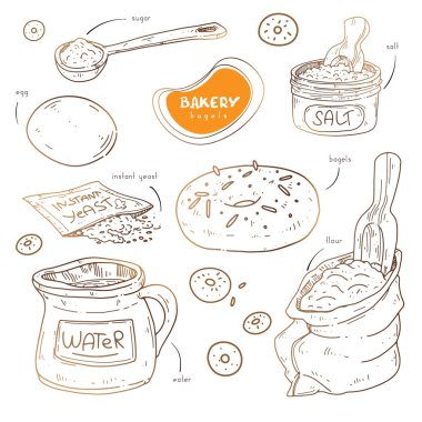 Pastalar - simit tarifi. İçindekiler 'in klasik el yapımı taslak çizimleri hafif arka planda fırınlanıyor. Yemek sitesi, menüler, kitaplar için resim.