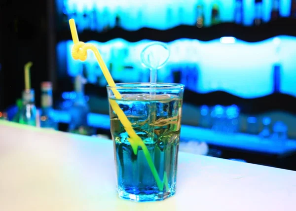 Blue Alcohol Cocktail Glass Straw Bar Blue Blurred Bokeh Background Stock Image