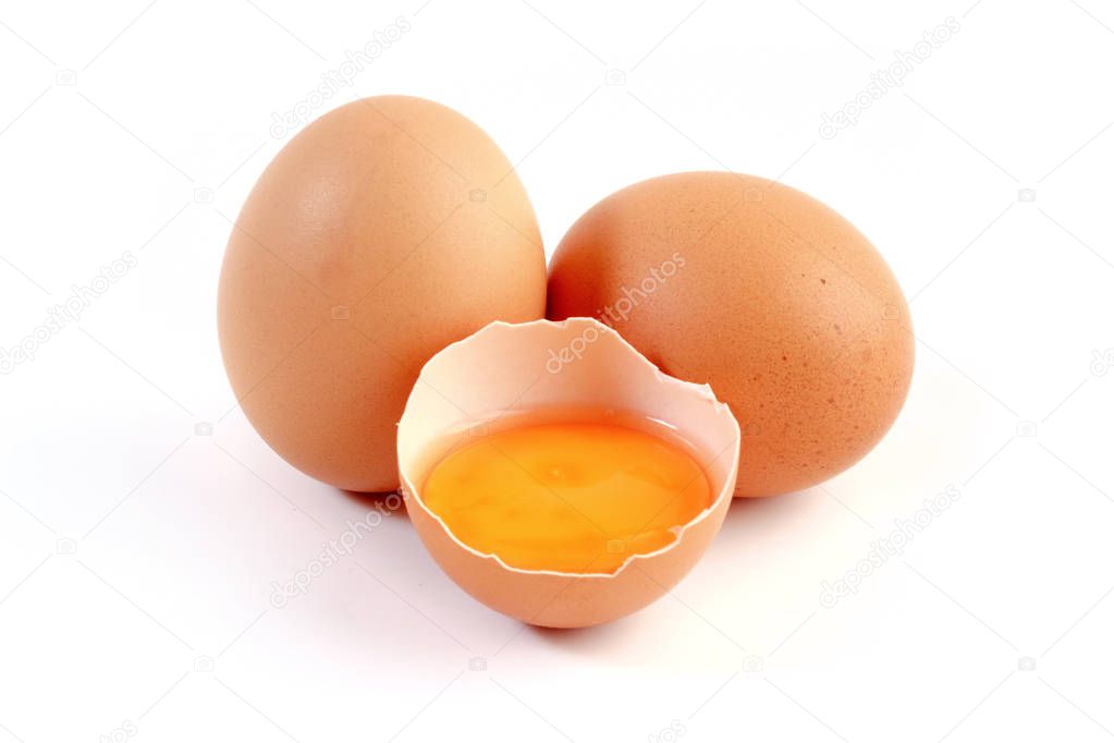 Hen eggs on white background