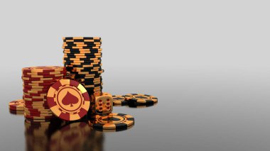 Poker, Blackjack ya da Baccarat oyunu için zarifçe altın çipler ve zarlarla kumar oyunu konsepti. 3B Hazırlama