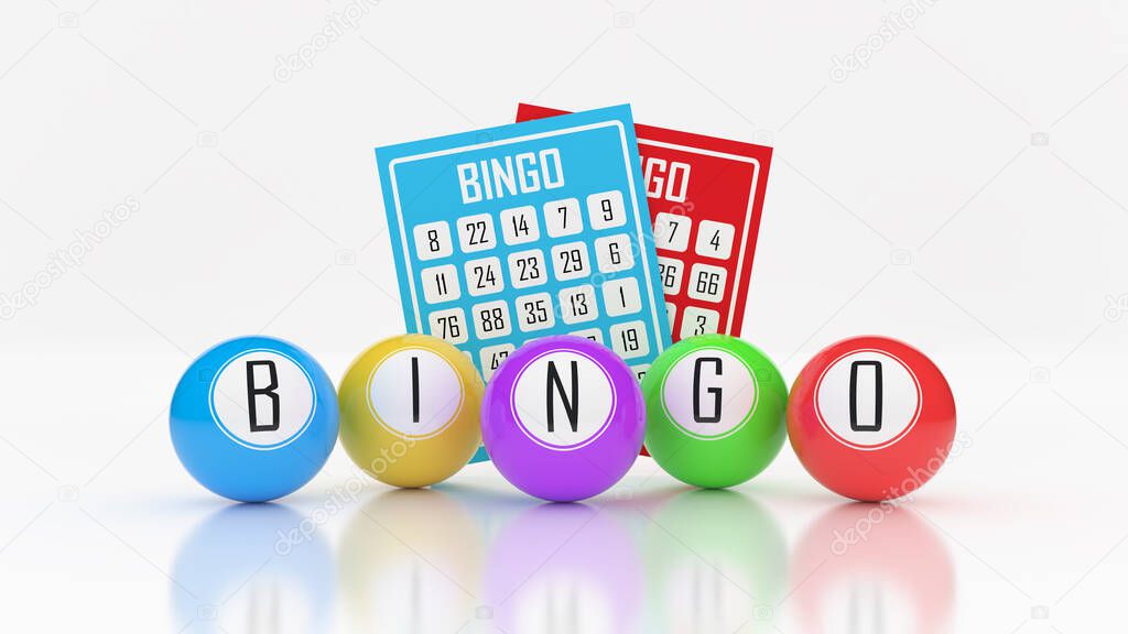 Bingo balls and bingo cards at back 3D rendering concept background