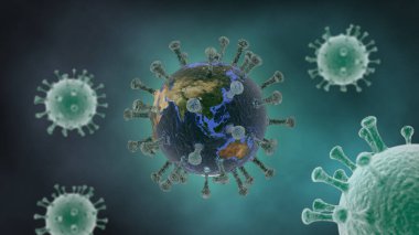 Dünya gezegeni virüs konseptiyle kaplı. Coronavirus covid-19 için 3D hazırlama ki bu dünya çapında bir salgındır.