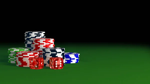 Casino Jetons Poker Dés Sur Table Verte Rendu — Photo