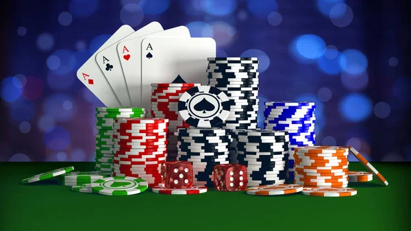 Kumarhane Poker Fişleri Zarları Yeşil Masaya Boyutlu Hazırlama — Stok fotoğraf