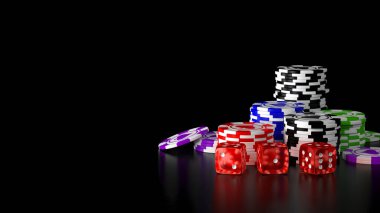 Casino gambling chips and dice on black background. 3D render clipart