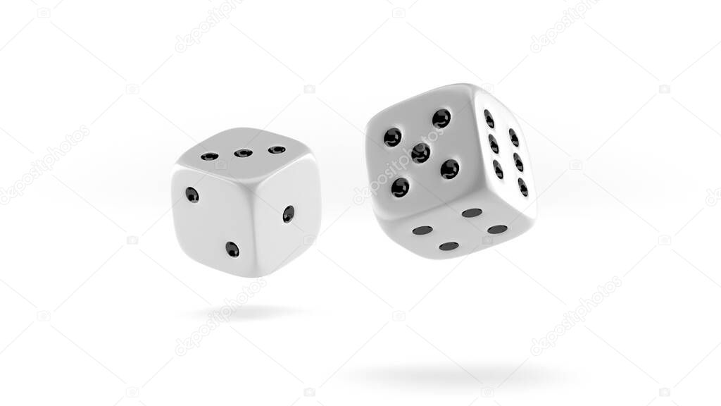 Falling white casino dice on white background. 3D render illustration.