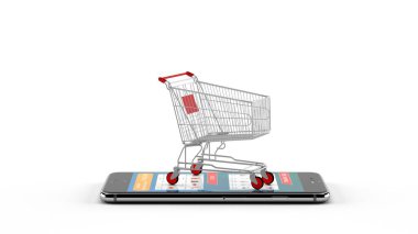 E-ticaret ya da internetten alışveriş konsepti. Cep telefonunda el arabası var. 3 Boyutlu Hazırlama