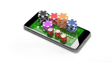 Online casino gambling concept with smartphone, poker chips and dice. 3d illustration clipart
