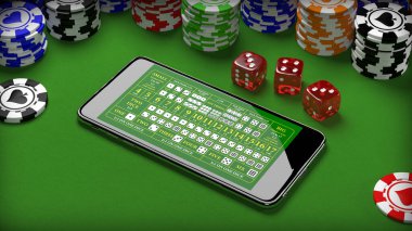 Çevrimiçi kumarhane konsepti, akıllı telefon, poker fişleri ve zar. 3B illüstrasyon