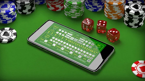 Çevrimiçi kumarhane konsepti, akıllı telefon, poker fişleri ve zar. 3B illüstrasyon