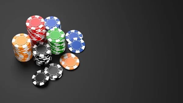 一堆堆黑色背景的五彩缤纷的赌场筹码 3D插图 — 图库照片
