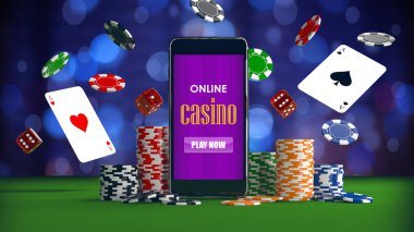 Çevrimiçi kumarhane konsepti akıllı telefon, poker fişleri, zar ve kartlar etrafa saçılmış durumda. 3B illüstrasyon