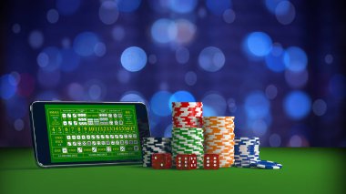 Çevrimiçi kumarhane konsepti, akıllı telefon, poker fişleri ve zar. 3B illüstrasyon