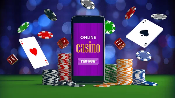 Çevrimiçi kumarhane konsepti akıllı telefon, poker fişleri, zar ve kartlar etrafa saçılmış durumda. 3B illüstrasyon