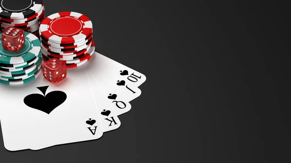 Masada kumarhane fişleri olan floş poker eli. 3B illüstrasyon