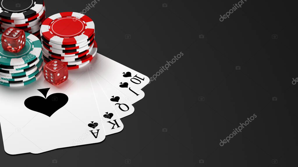 Royal flush poker hand with casino chips on table. 3D illustration
