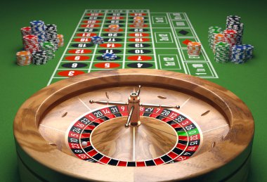 Rulet ve cipsli kumarhane masası. 3B illüstrasyon