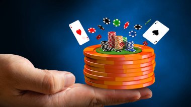 Casino chips on hand illustration background. 3D illustration clipart