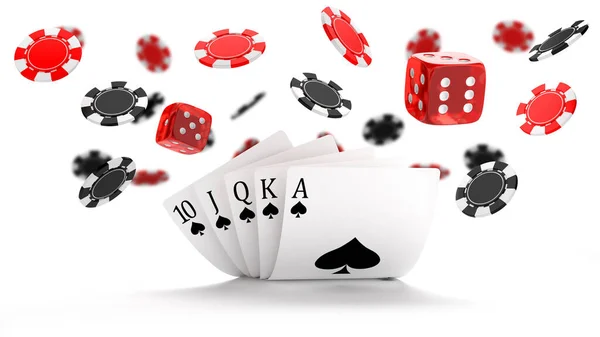 Tło Kasyna Kombinacją Royal Flush Hand Kości Latające Czarne Czerwone — Zdjęcie stockowe