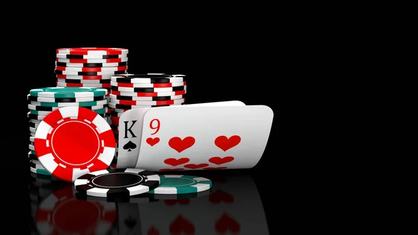 Baccarat Spielkartenkombination Natural Mit Casino Chips Auf Schwarzem Tisch Illustration — Stockfoto