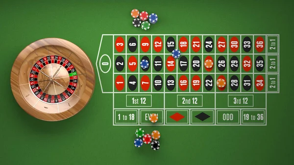Top view of roulette wheel and bet options with casino chips being placed. 3D illustration