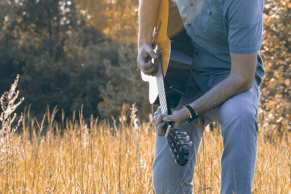 Erkekler th gitar doğada oynuyor — Stok fotoğraf