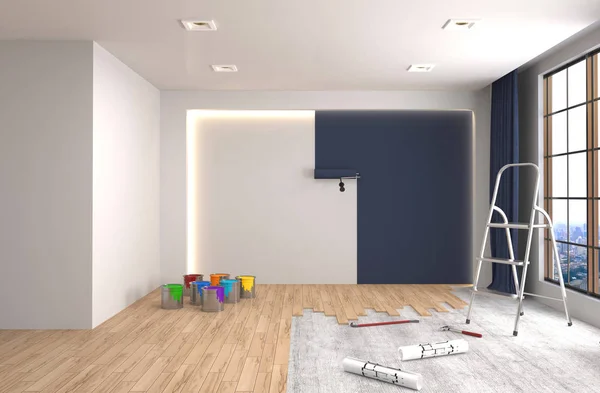 Repair and painting of walls in room. 3D illustration.