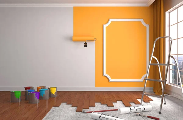 Repair and painting of walls in room. 3D illustration.