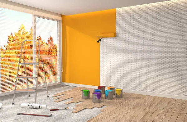 Repair and painting of walls in room. 3D illustration.