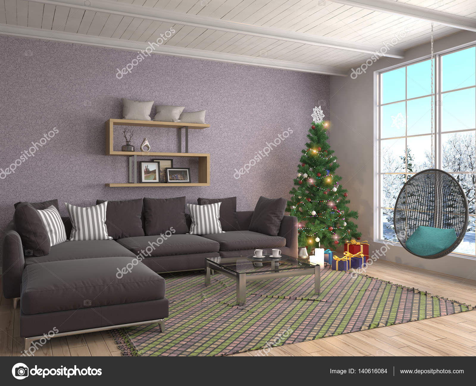 Kerstboom met decoratie in de woonkamer. 3D illustrat — Stockfoto ... Kerstboom met decoratie in de woonkamer. 3D illustrat — Stockfoto ...
