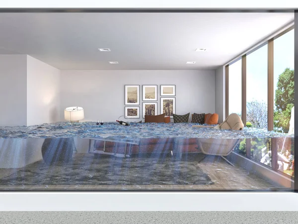 interior of the house flooded with water. 3d illustration