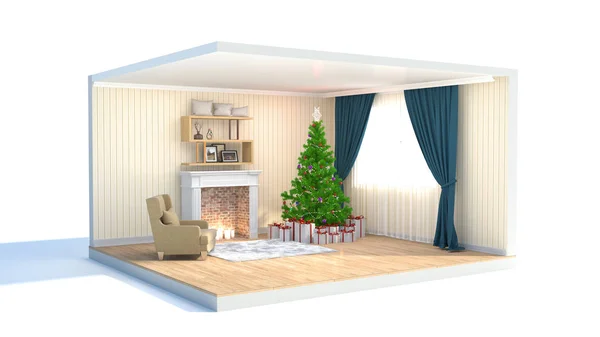Christmas tree with decorations in the living room. 3d illustrat
