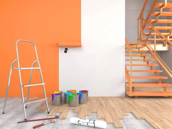 Repair and painting of walls in room. 3D illustration