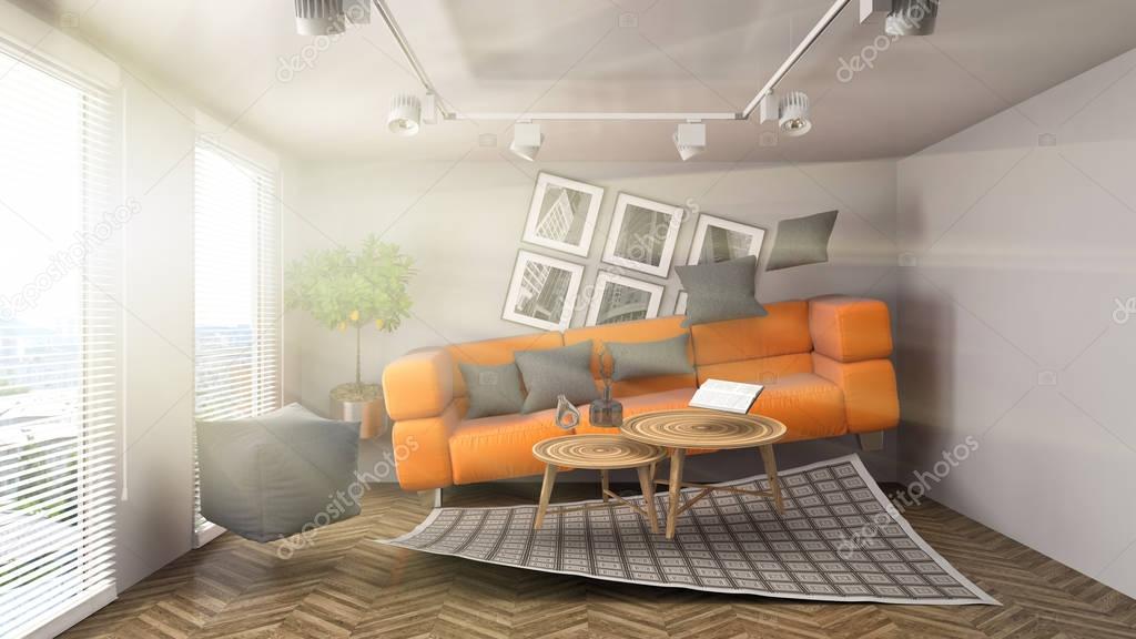 Zero Gravity Sofa hovering in living room. 3D Illustration ...