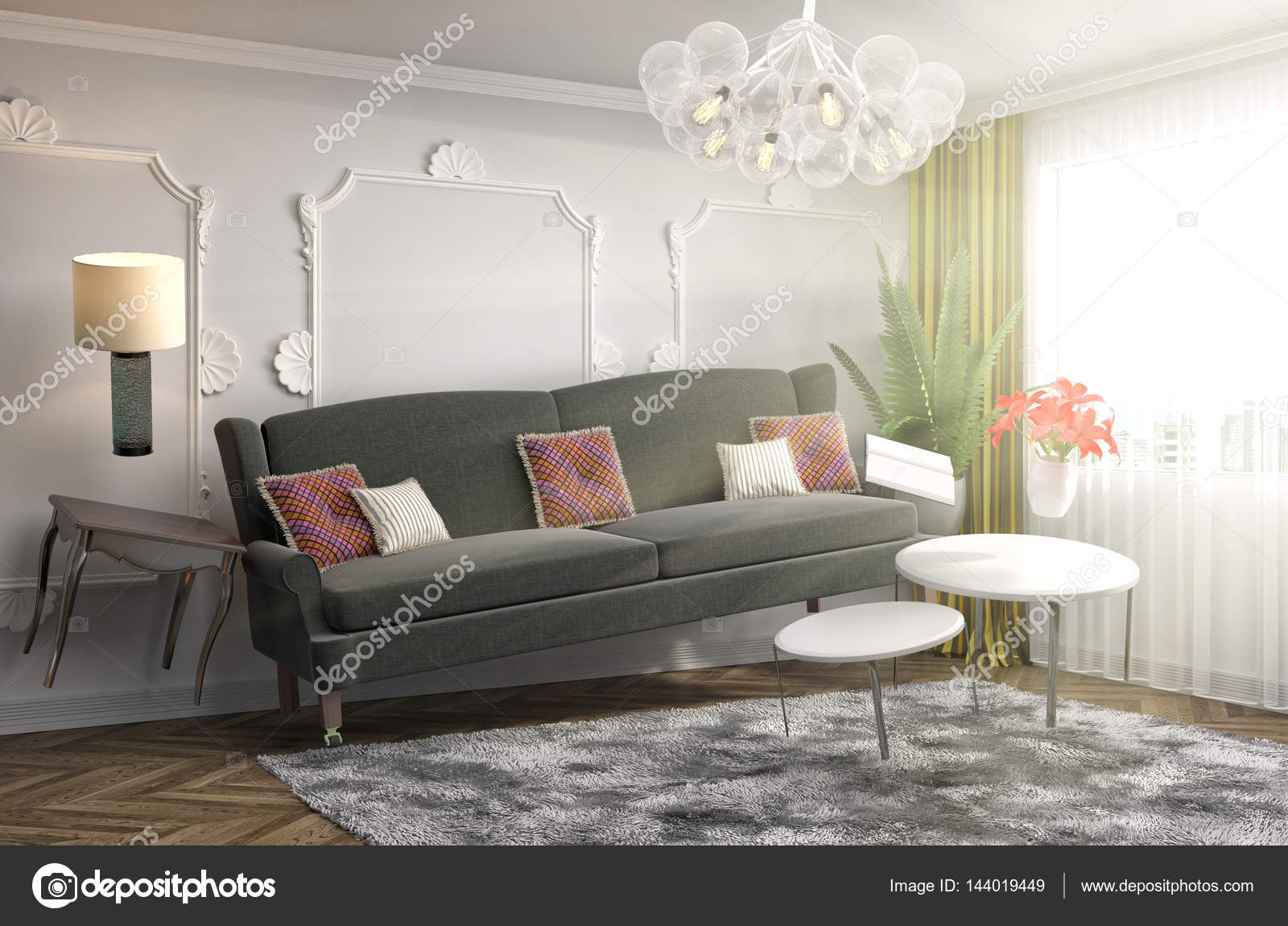Zero Gravity Sofa Hovering In Living Room 3d Illustration