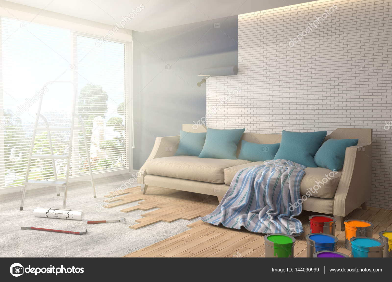 Repair And Painting Of Walls In Room 3d Illustration Stock