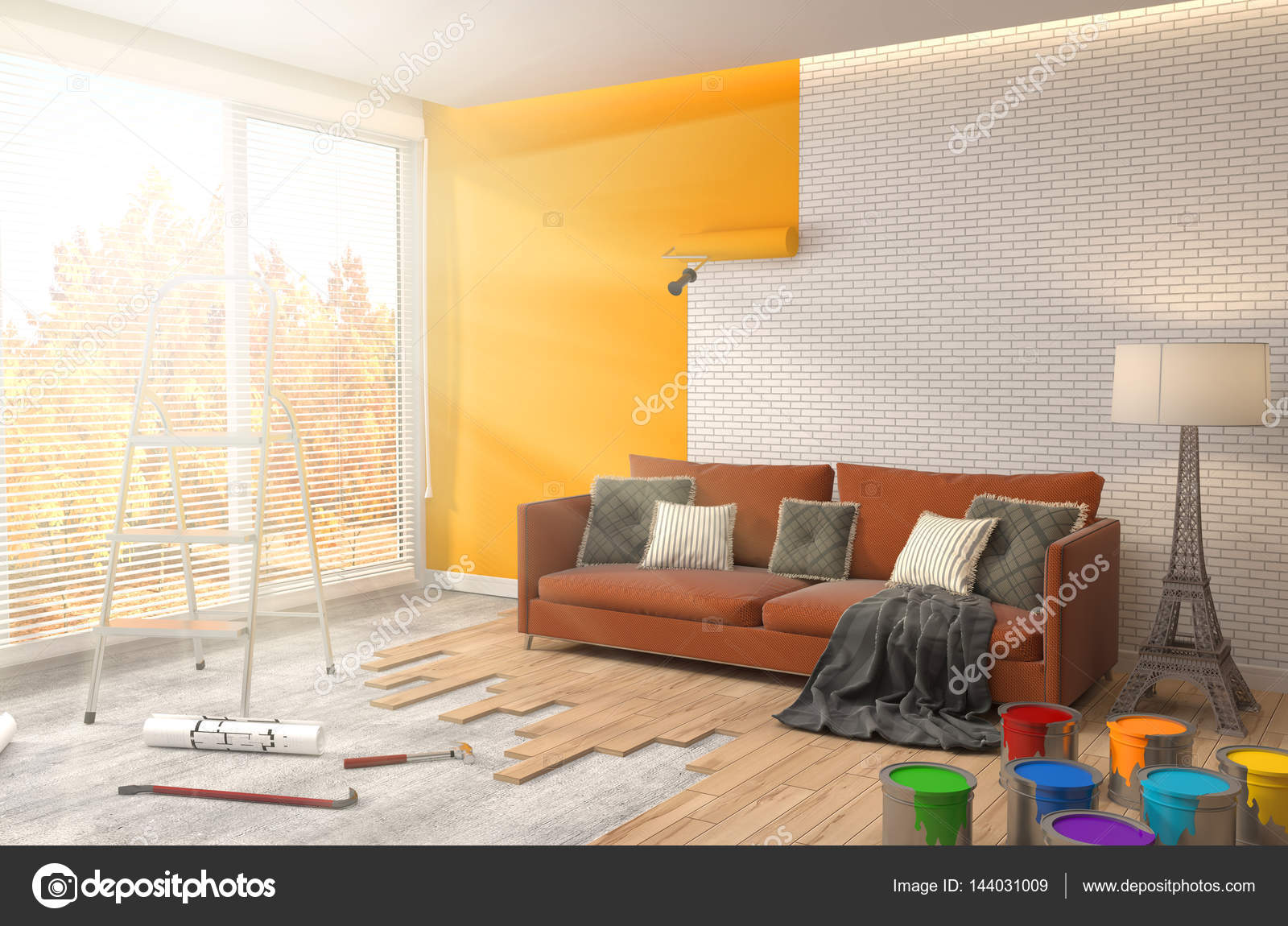 Repair And Painting Of Walls In Room 3d Illustration Stock