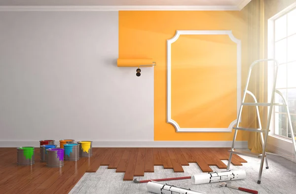 Repair and painting of walls in room. 3D illustration.