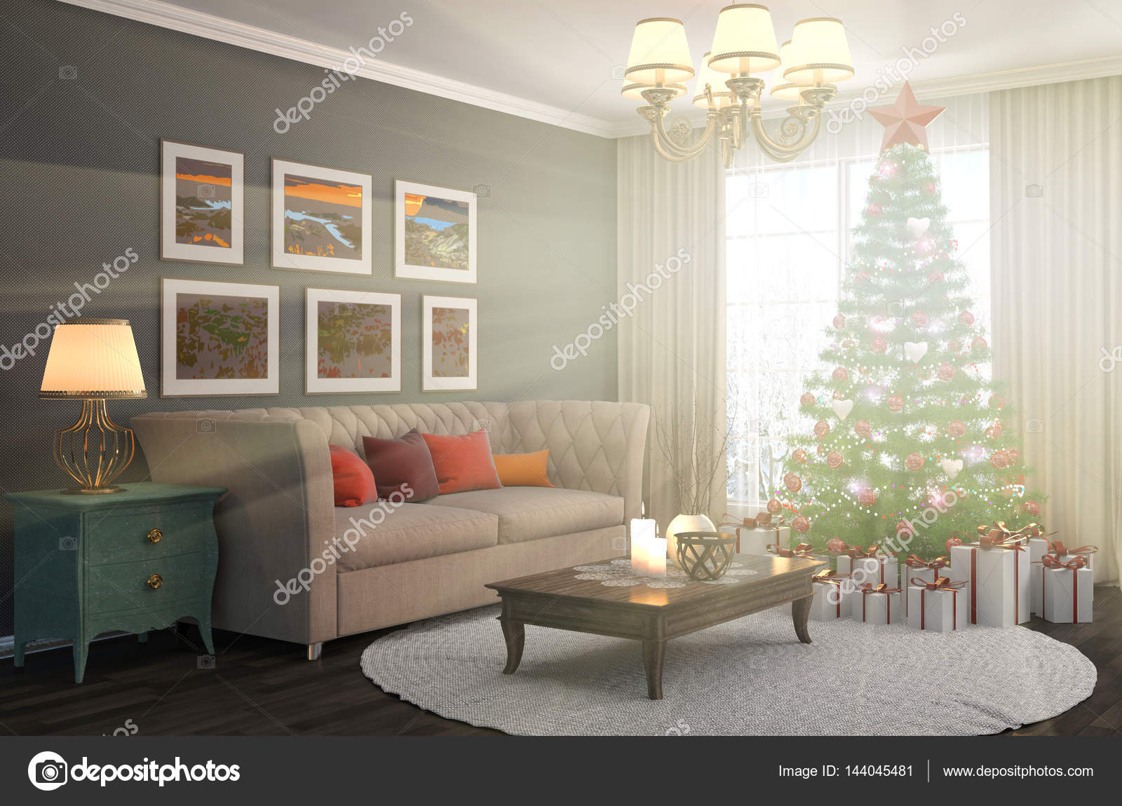 Albero di Natale con le decorazioni nel soggiorno. illustrat 3D ... Albero di Natale con le decorazioni nel soggiorno. illustrat 3D ...