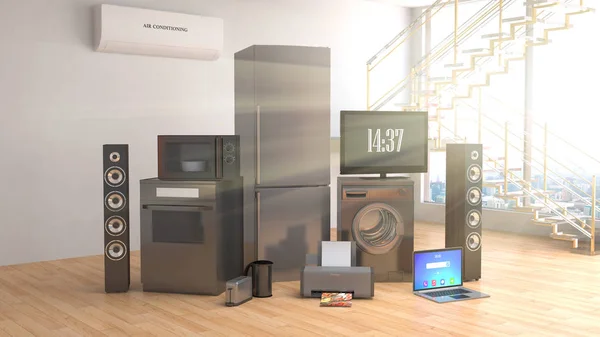 Home appliances. Gas cooker, tv cinema, refrigerator, microwave,