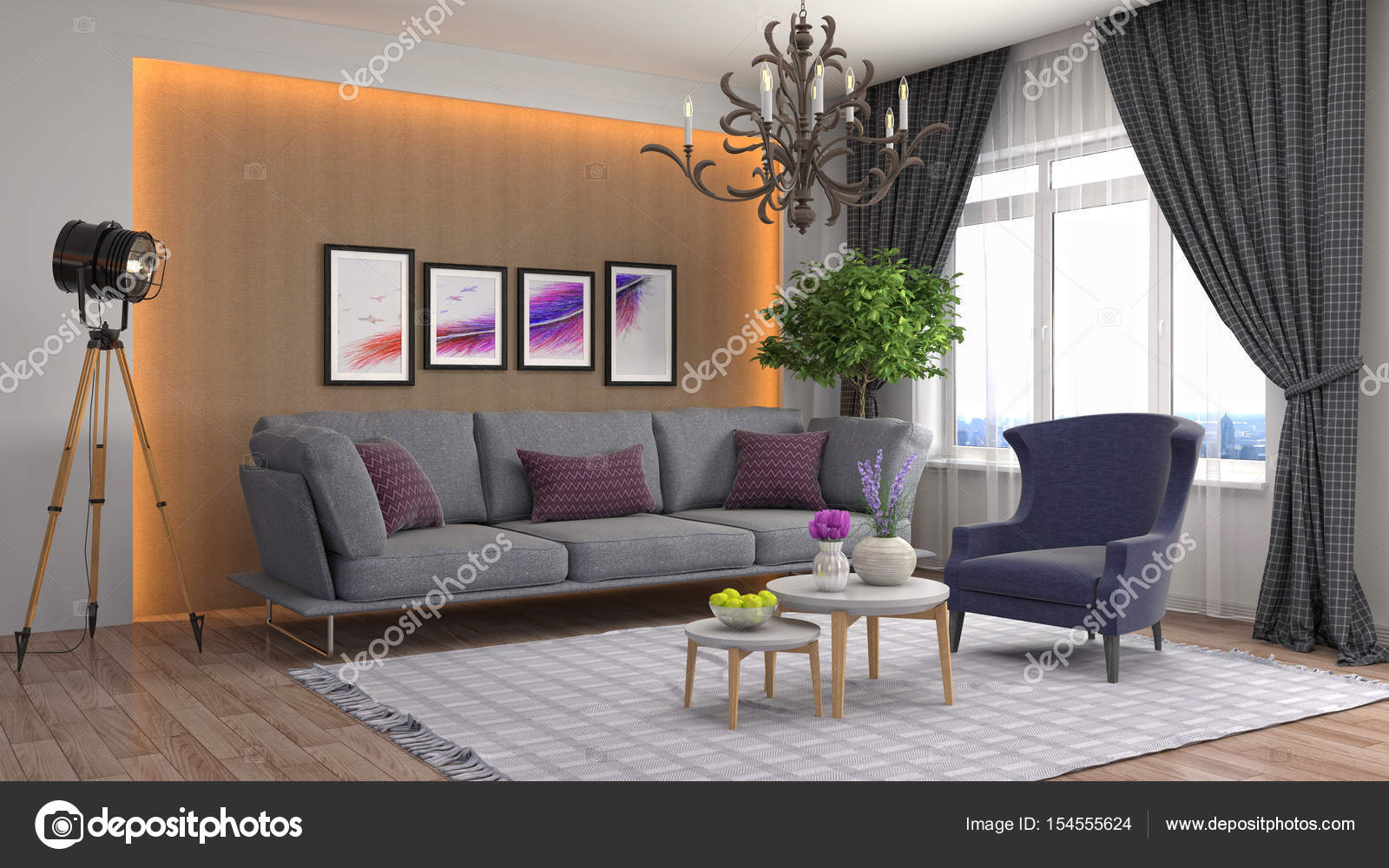 Interieur van de woonkamer. 3D illustratie — Stockfoto ... Interieur van de woonkamer. 3D illustratie — Stockfoto ...