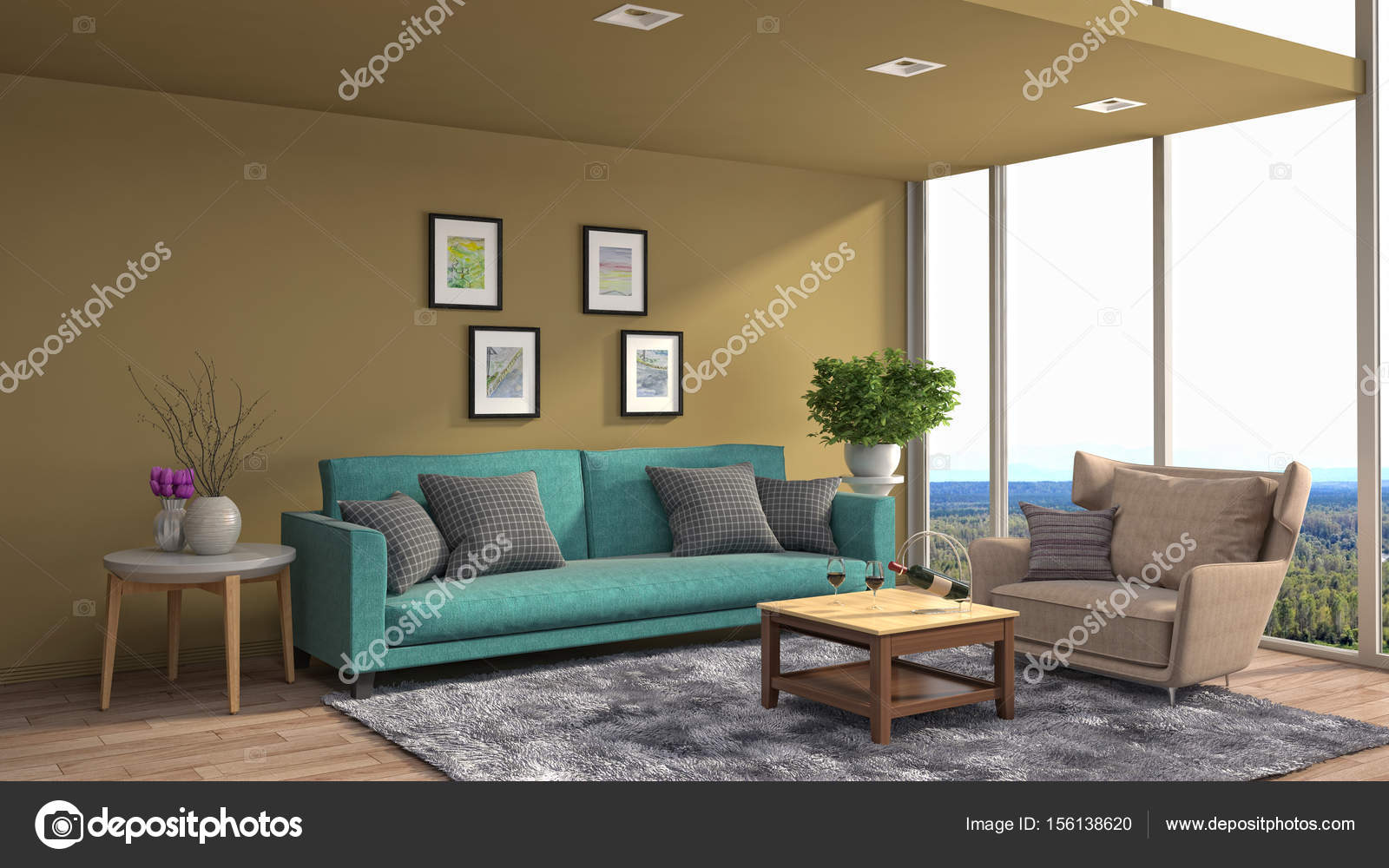 Interieur van de woonkamer. 3D illustratie — Stockfoto ... Interieur van de woonkamer. 3D illustratie — Stockfoto ...