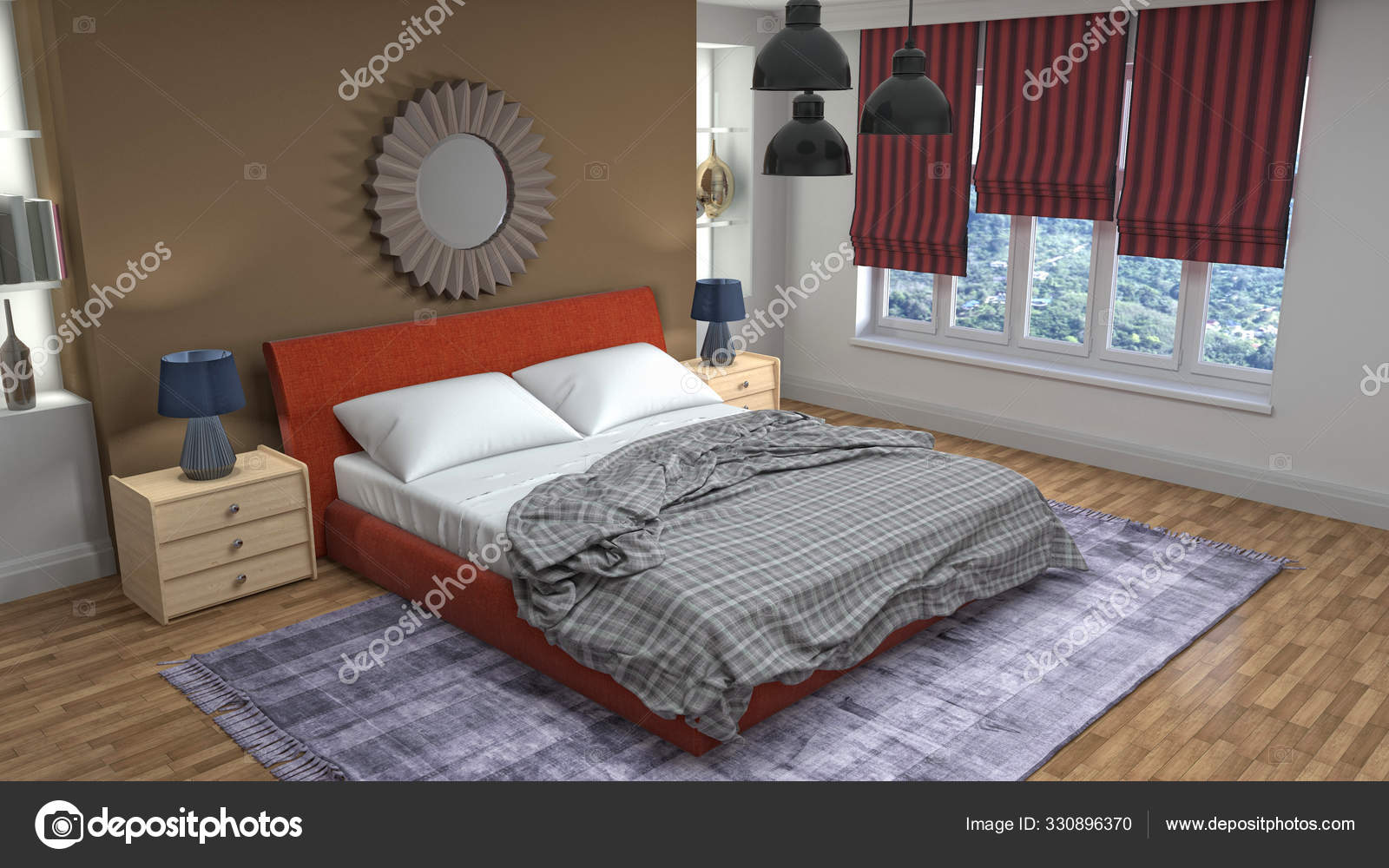 Yatak odası iç. Yatak. 3D çizim — Stok Foto © StockerNumber2 330896370