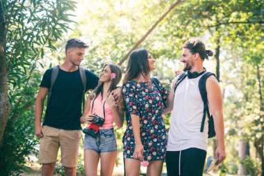 Bir grup genç insan yaz parkta eğleniyor