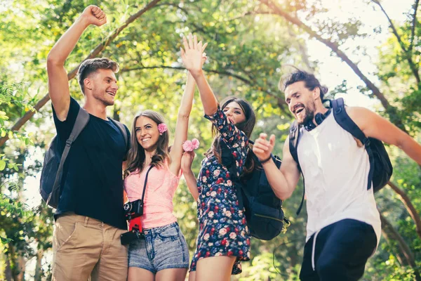 Группа молодых людей веселится в летнем парке — стоковое фото